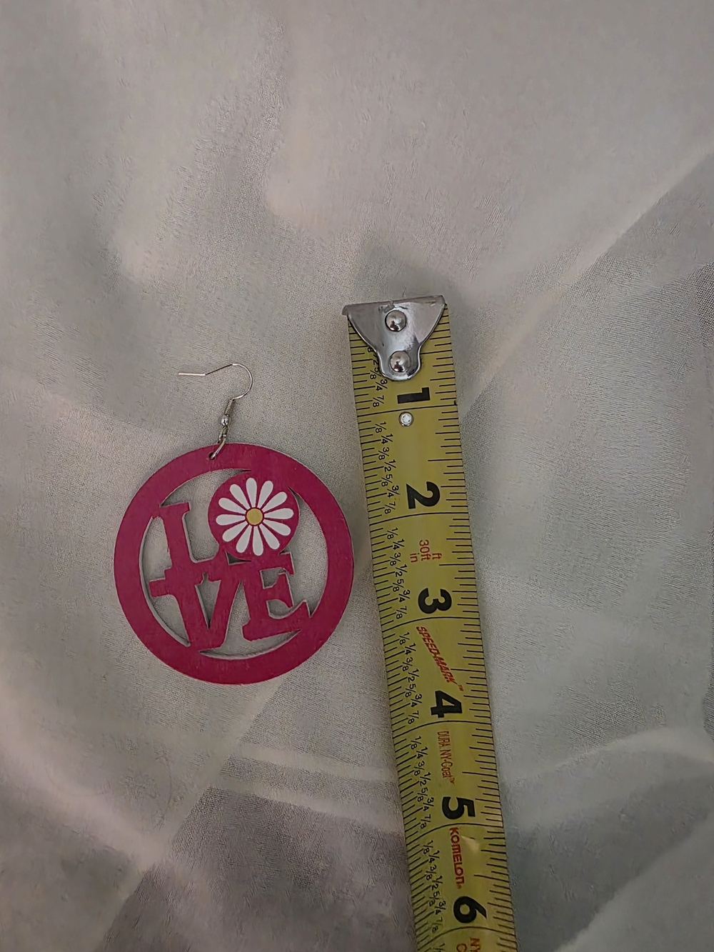 Fashion Jewelry Pink 'LOVE' Wooden Drop Earrings with Daisy Accent - Picture 3 of 4